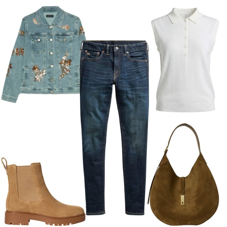 Outfit donna - Total look #2394261. Stile Casual per Tutti i giorni. Abbinamento con polo, blazer, jeans skinny, stivaletti, borse a spalla.