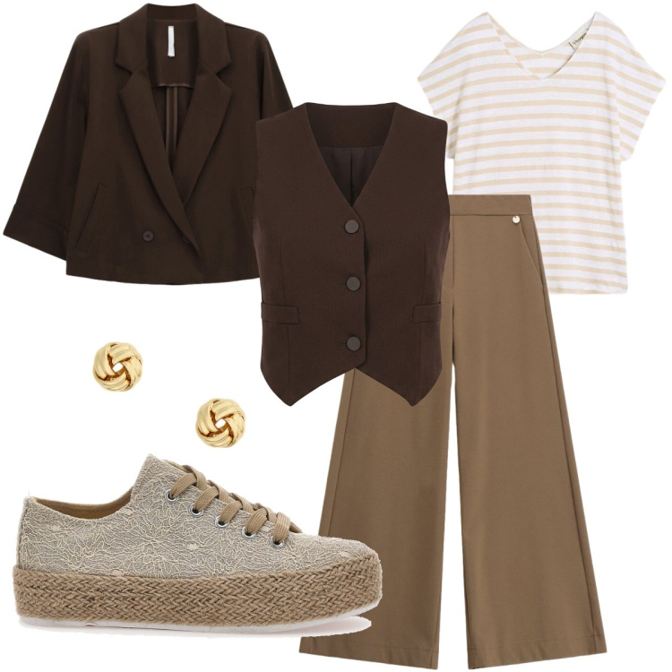 Outfit donna - Tra l’elegante e lo sportivo. Stile Mannish per Tutti i giorni. Abbinamento con t-shirt, blazer, pantaloni a palazzo, gilet, orecchini, espadrillas.