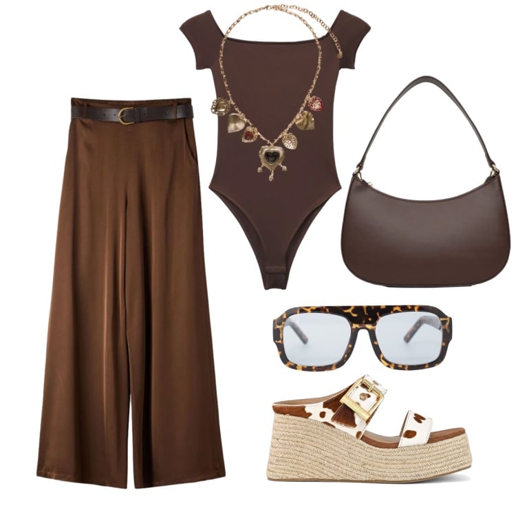 Outfit donna - Maggio. Stile Trendy per Tutti i giorni. Abbinamento con top, pantaloni, borse a tracolla, occhiali da sole, collane, zeppe.