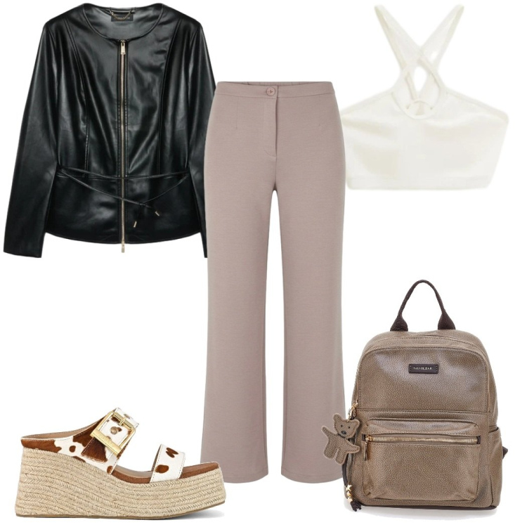 Outfit donna - Total look #2394265. Stile Trendy per Tutti i giorni. Abbinamento con pantaloni, top, blazer, zeppe, zaini.