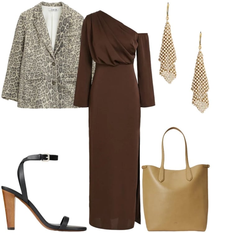 Outfit donna - Total look #2394266. Stile Trendy per Cerimonia. Abbinamento con blazer, vestiti lunghi, borse tote, orecchini, sandali in pelle.