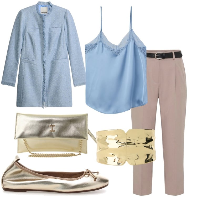 Outfit donna - Accessori dorati. Stile Glamour per Cerimonia. Abbinamento con blazer, canottiere, pantaloni, borse a tracolla, braccialetti, ballerine.