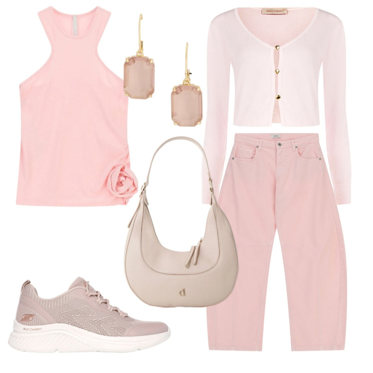 Outfit donna - Rosa è bellezza. Stile Sporty chic per Tutti i giorni. Abbinamento con top, cardigans, borse a tracolla, pantaloni, orecchini, sneakers.