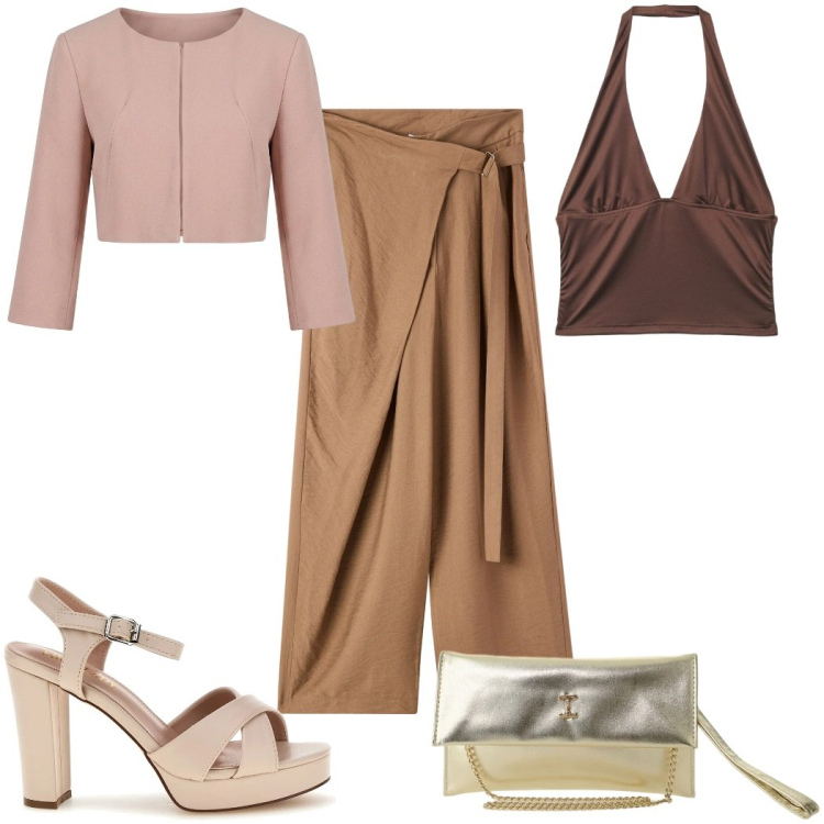 Outfit donna - Total look #2394269. Stile Glamour per Cerimonia. Abbinamento con pantaloni, top, borse a tracolla, bolero, sandali col tacco.