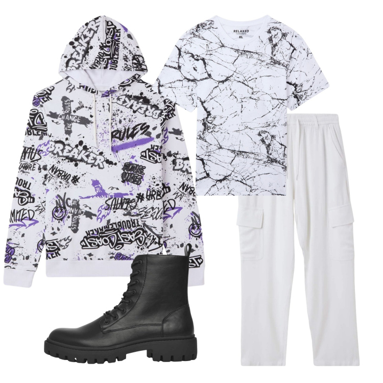 Outfit uomo - Urban Street: Black & White Attitude. Stile Urban per Tutti i giorni. Abbinamento con pantaloni cargo, anfibi, t-shirt, felpe con cappuccio.