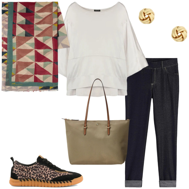 Outfit donna - Total look #2394271. Stile Casual per Tutti i giorni. Abbinamento con jeggings, sciarpe, bluse, borse tote, orecchini, sneakers.