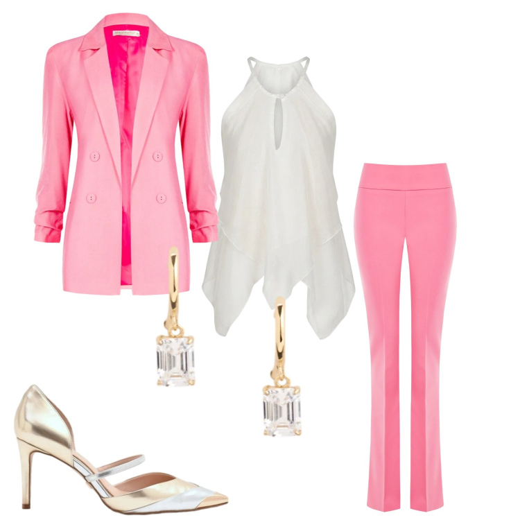 Outfit donna - Cerimonia in rosa. Stile Chic per Cerimonia. Abbinamento con blazer, décolleté, pantaloni, canottiere, orecchini.