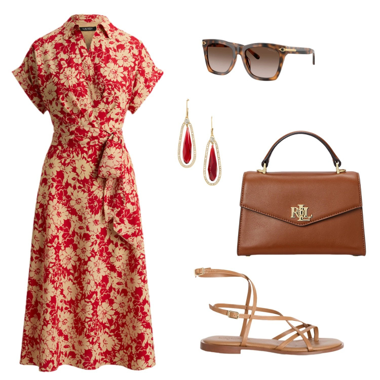 Outfit donna - Estate a colori. Stile Casual chic per Tutti i giorni. Abbinamento con sandali in pelle, vestiti chemisier, borse a mano, occhiali da sole, orecchini.