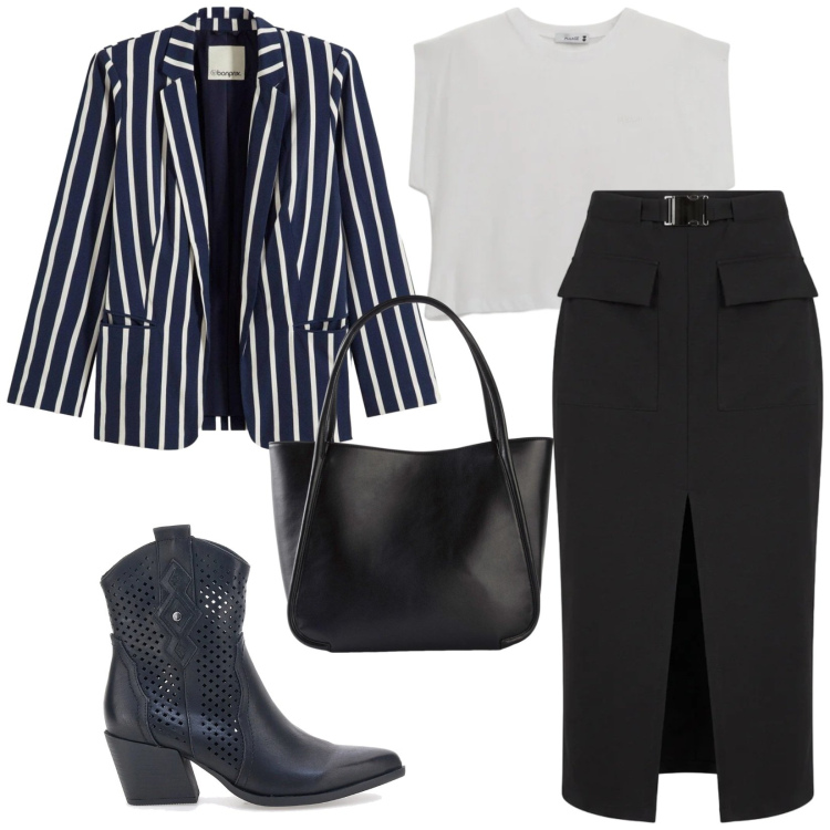 Outfit donna - Total look #2394274. Stile Urban per Tutti i giorni. Abbinamento con shopping bag, blazer, gonne longuette, top, stivaletti texani.