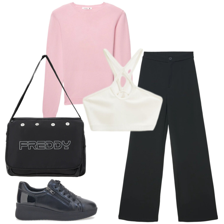 Outfit donna - Total look #2394275. Stile Sporty chic per Tutti i giorni. Abbinamento con maglieria, pantaloni, top, borse messenger, scarpe stringate.