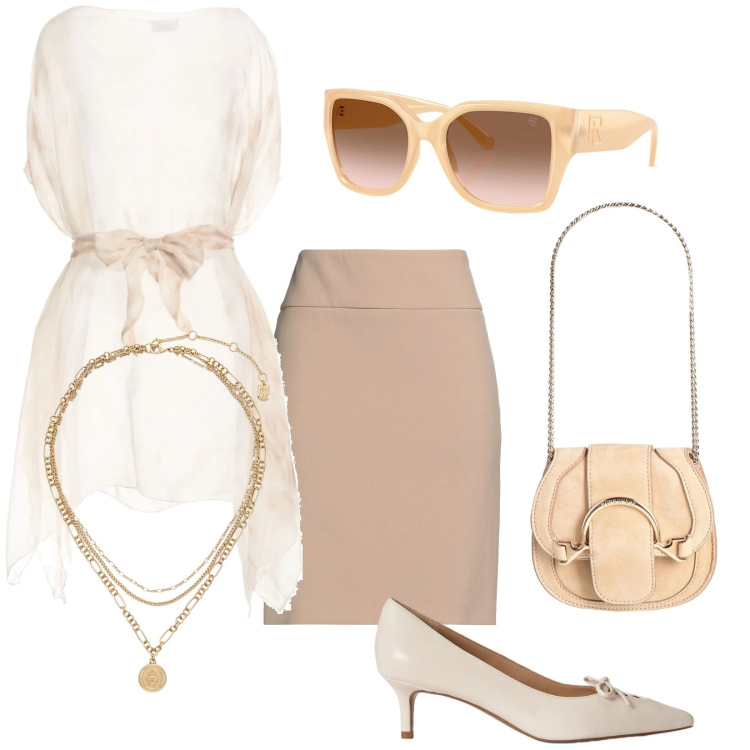 Outfit donna - Top in seta chic. Stile Chic per Cerimonia. Abbinamento con minigonne, marsupi, top, décolleté, ciondoli, occhiali da sole.