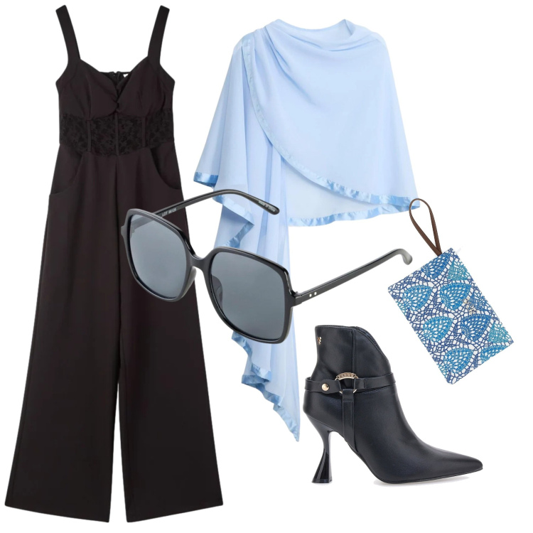 Outfit donna - Eleganza Soft: Nero & Azzurro in Armonia. Stile Chic per Cerimonia. Abbinamento con stole, occhiali da sole, tute, pochette, stivaletti.