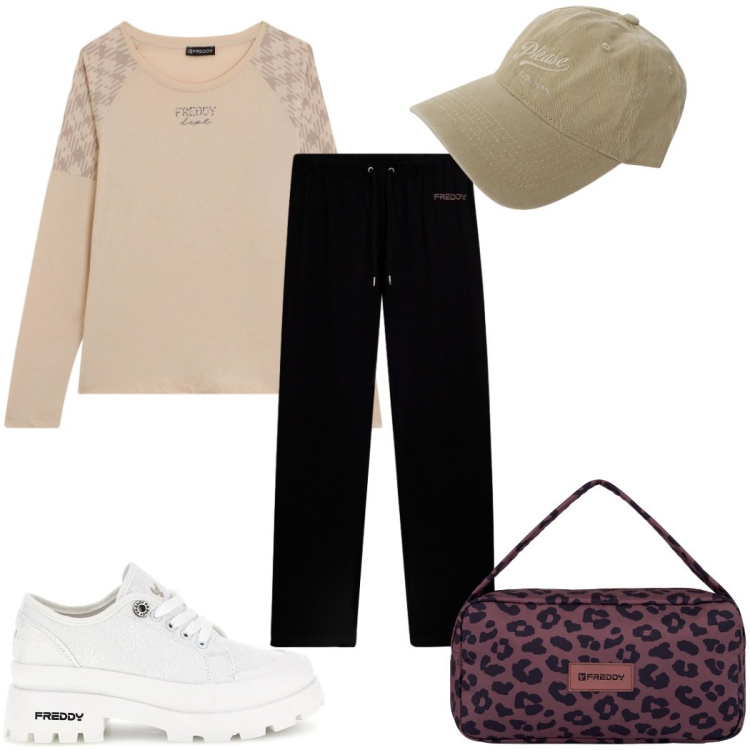 Outfit donna - Total look #2394278. Stile Basic per Sport. Abbinamento con cappelli, t-shirt, borse a spalla, pantaloni, sneakers.