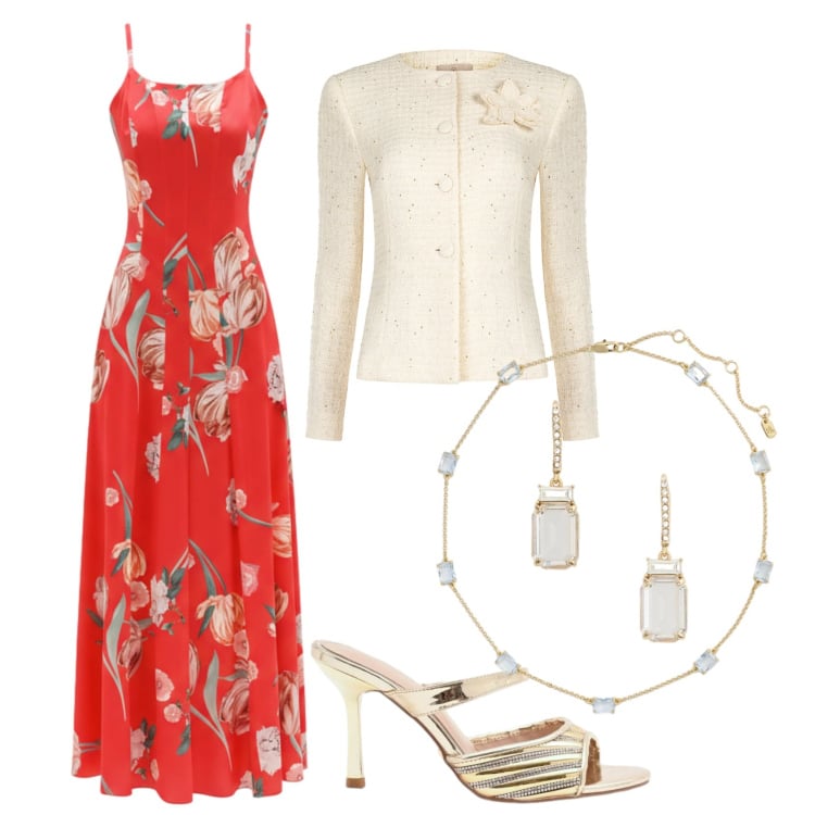 Outfit donna - L\'abito rosso. Stile Chic per Cerimonia. Abbinamento con vestiti lunghi, blazer, sabot, orecchini, collane.