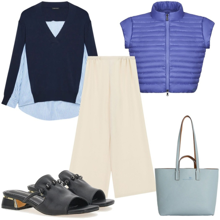 Outfit donna - Total look #2394280. Stile Trendy per Tutti i giorni. Abbinamento con shopping bag, pantaloni a palazzo, maglieria, blazer, ciabatte.