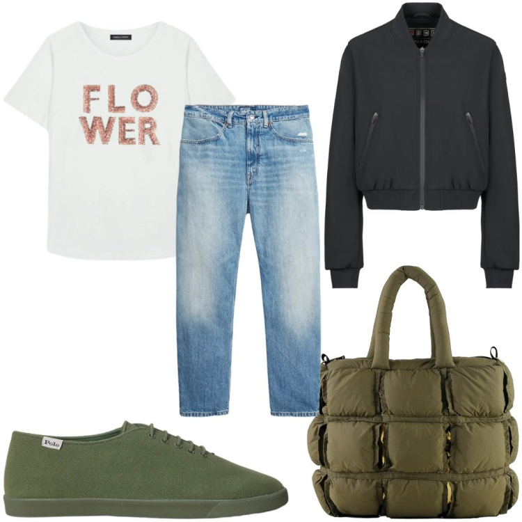 Outfit donna - Total look #2394281. Stile Casual per Tutti i giorni. Abbinamento con t-shirt, bomber, borse a mano, sneakers, jeans.