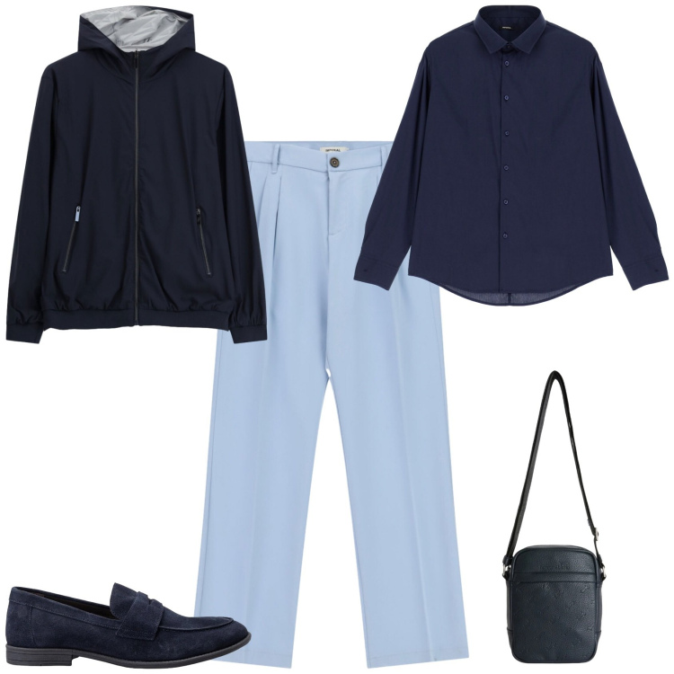 Outfit uomo - Trendy ufficio tempo libero. Stile Trendy per Tutti i giorni. Abbinamento con borse sportive, camicie, pantaloni, bomber, scarpe stringate.