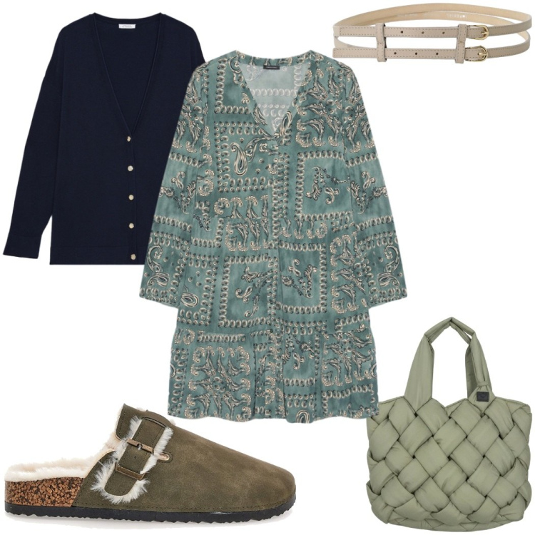 Outfit donna - Total look #2394284. Stile Etnico per Tutti i giorni. Abbinamento con cinture, vestiti, cardigans, borse tote, pantofole.