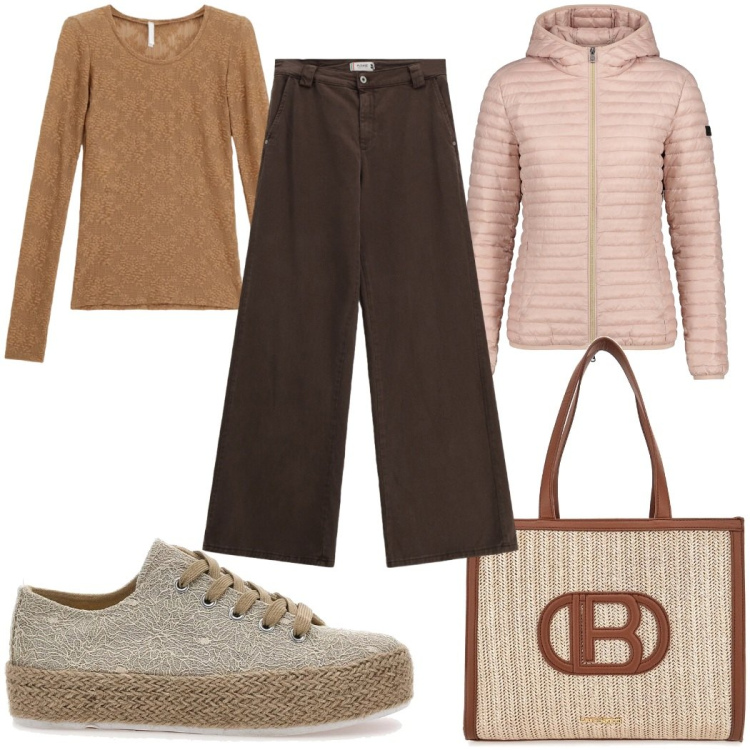 Outfit donna - Total look #2394287. Stile Trendy per Tutti i giorni. Abbinamento con pantaloni a palazzo, bluse, piumini, borse a spalla, espadrillas.