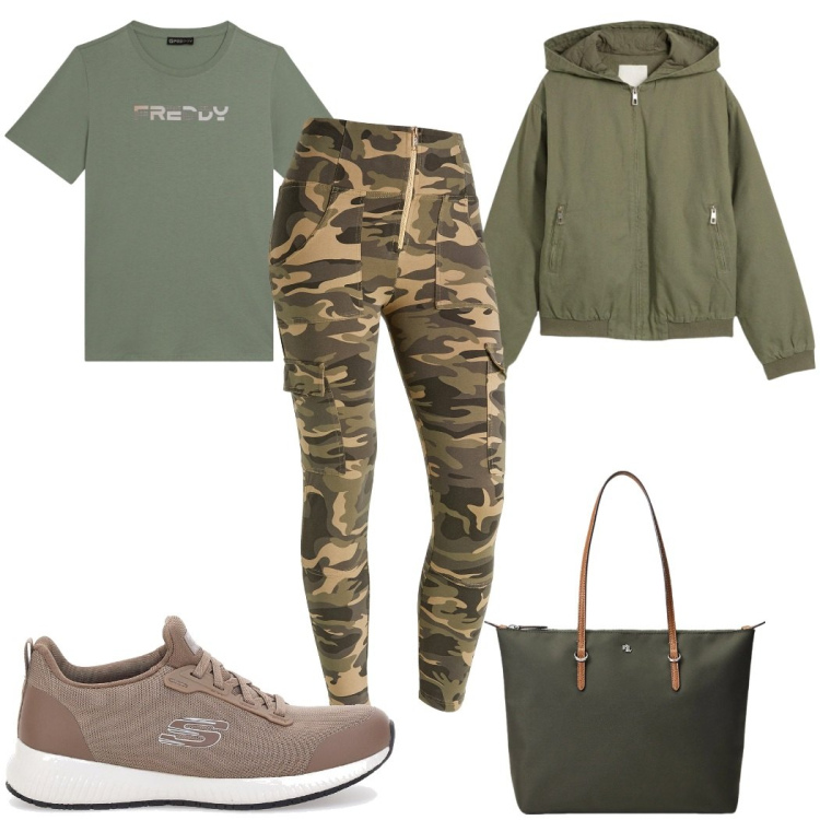 Outfit donna - Total look #2394289. Stile Military per Tutti i giorni. Abbinamento con blazer, pantaloni cargo, t-shirt, borse tote, sneakers.