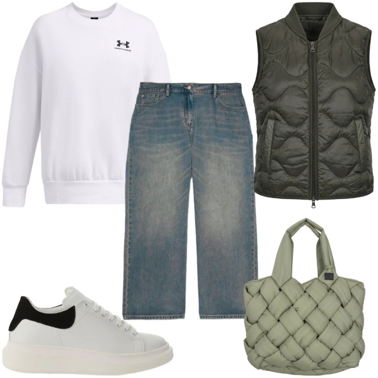 Outfit donna - Total look #2394290. Stile Casual per Tutti i giorni. Abbinamento con sneakers, jeans, borse tote, piumini, felpe.