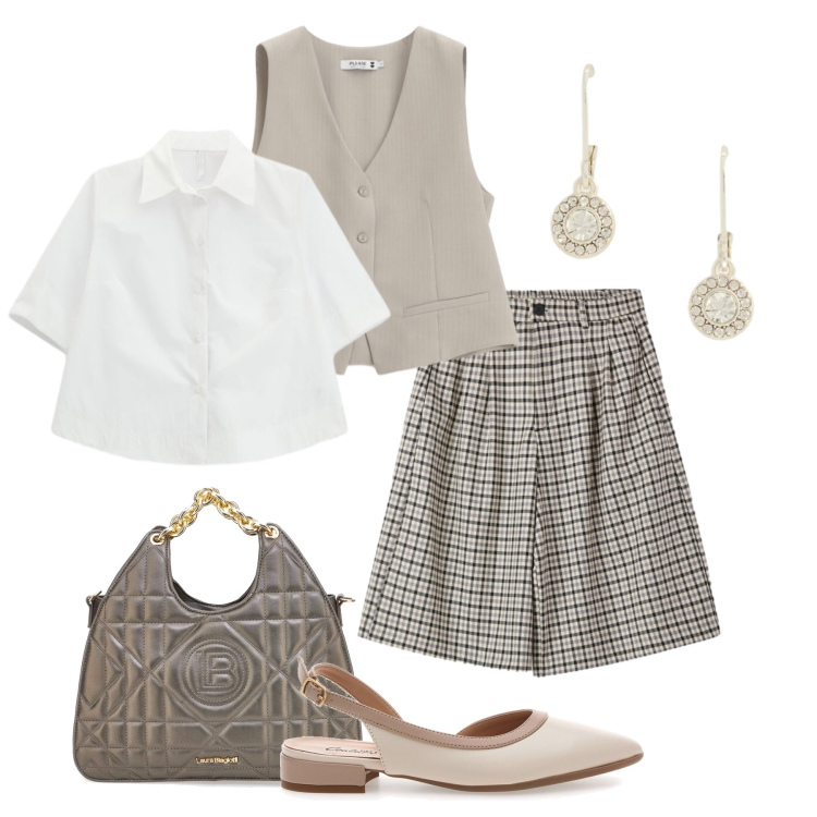 Outfit donna - Ballerine a primavera. Stile Trendy per Tutti i giorni. Abbinamento con bermuda, gilet, camicie a manica corta, orecchini, ballerine, borse a mano.