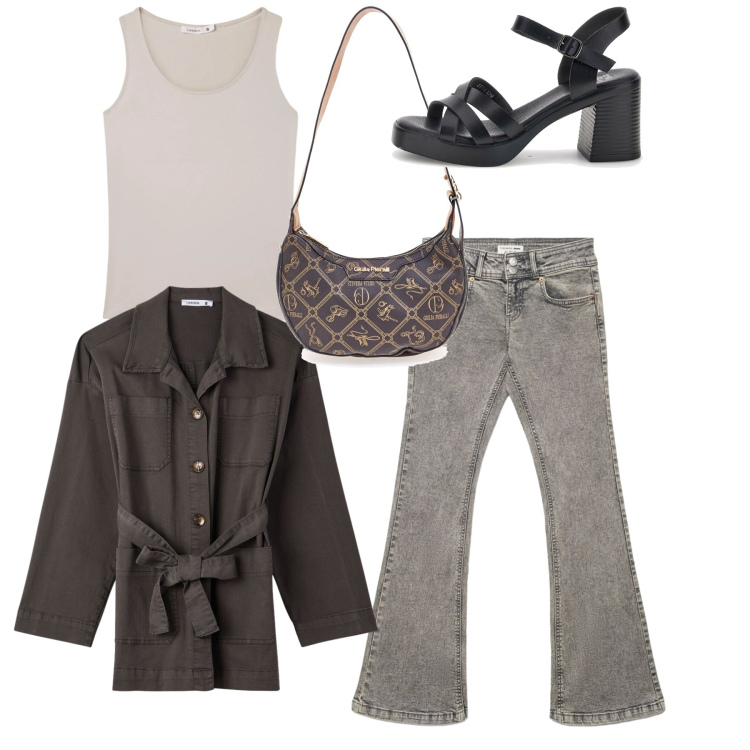 Outfit donna - Total grey. Stile Casual per Tutti i giorni. Abbinamento con jeans a zampa, cappotti, top, borse a tracolla, sandali col tacco.