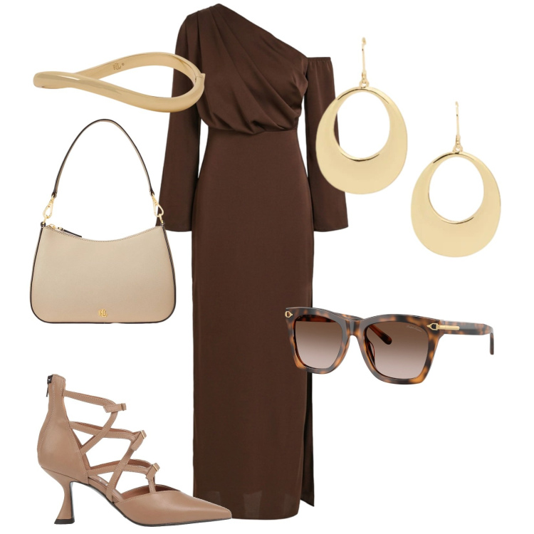 Outfit donna - Cioccolato chic. Stile Chic per Cerimonia. Abbinamento con décolleté, vestiti lunghi, borse a spalla, occhiali da sole, braccialetti, orecchini.