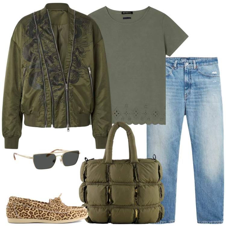 Outfit donna - Safari in città. Stile Mannish per Tutti i giorni. Abbinamento con borse a mano, bomber, t-shirt, occhiali da sole, jeans, mocassini.