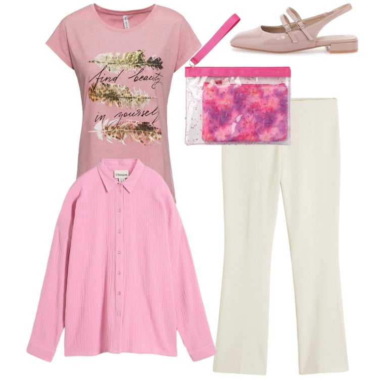 Outfit donna - Total pink. Stile Bon Ton per Tutti i giorni. Abbinamento con t-shirt, camicie, pantaloni, pochette, ballerine.