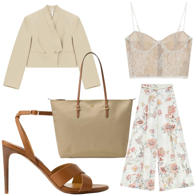 Outfit donna - Fiori e pizzo. Stile Romantica per Ufficio. Abbinamento con pantaloni a palazzo, blazer, canottiere, sandali col tacco, borse tote.