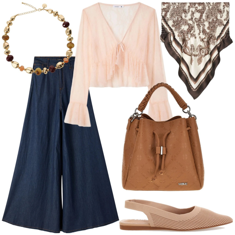 Outfit donna - Total look #2394308. Stile Boho per Tutti i giorni. Abbinamento con bluse, top, jeans, collane, ballerine, borse a tracolla.