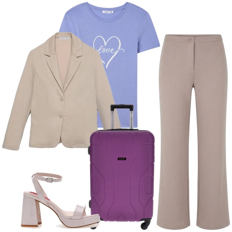 Outfit donna - In viaggio. Stile Bon Ton per Tutti i giorni. Abbinamento con blazer, pantaloni, t-shirt, sandali col tacco, valigie.