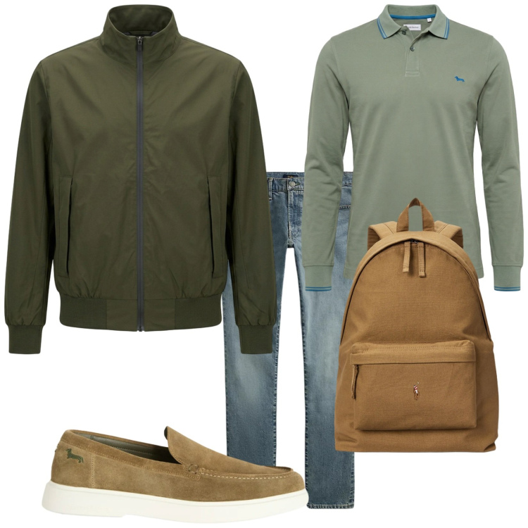 Outfit uomo - Tonalità bosco. Stile Trendy per Tutti i giorni. Abbinamento con polo, scarpe stringate, giacche, jeans, borse sportive.