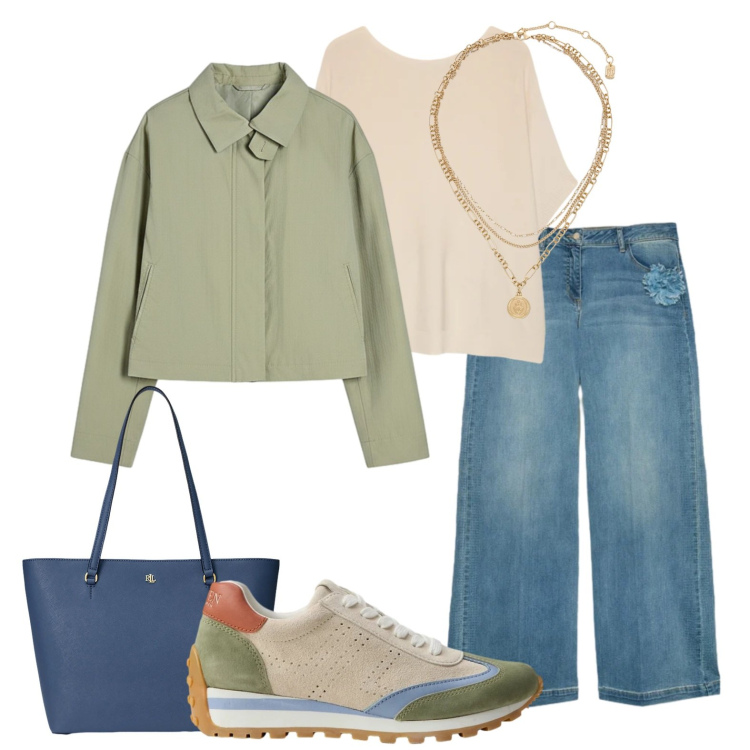 Outfit donna - Maggio curvy style. Stile Casual chic per Tutti i giorni. Abbinamento con jeans, t-shirt, bomber, borse tote, ciondoli, sneakers.