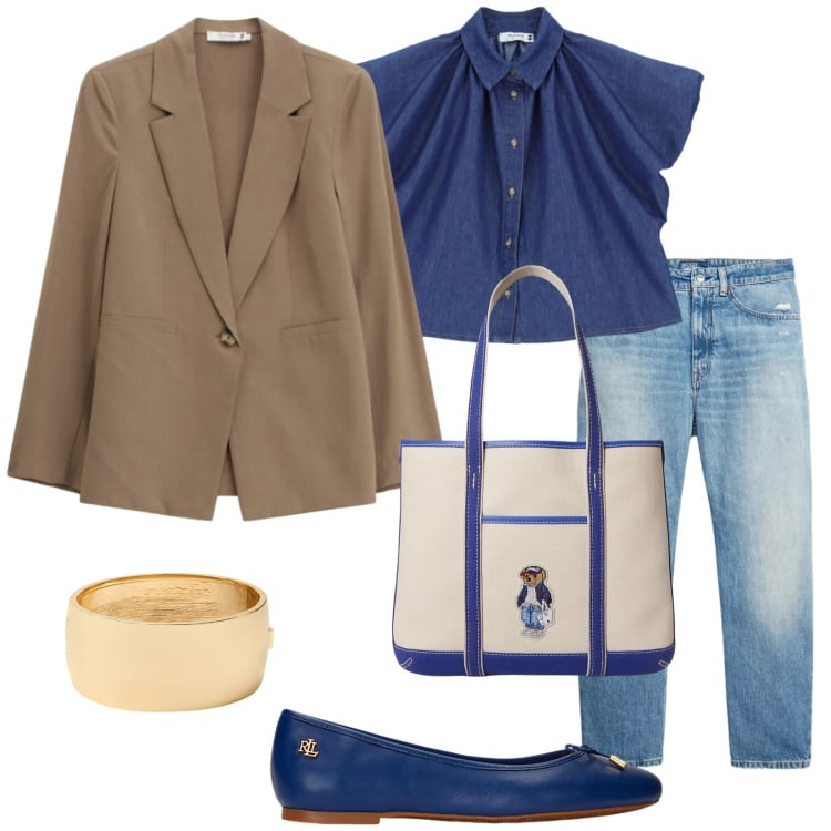 Outfit donna - Blazer versatile. Stile Casual chic per Tutti i giorni. Abbinamento con blazer, camicie a manica corta, ballerine, braccialetti, borse tote, jeans.