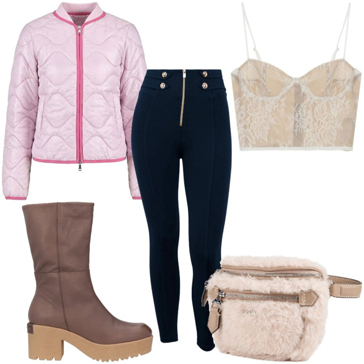 Outfit donna - Total look #2394324. Stile Trendy per Tutti i giorni. Abbinamento con marsupi, stivaletti, canottiere, piumini, pantaloni skinny.