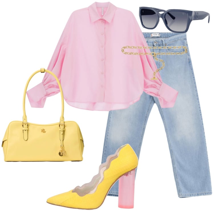 Outfit donna - Pennellata di giallo. Stile Glamour per Tutti i giorni. Abbinamento con décolleté, jeans, camicie, occhiali da sole, cinture, borse a mano.