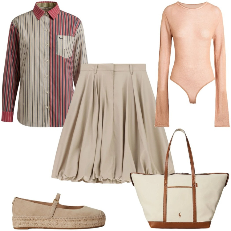 Outfit donna - Total look #2394328. Stile Trendy per Tutti i giorni. Abbinamento con body, camicie, gonne longuette, borse tote, espadrillas.
