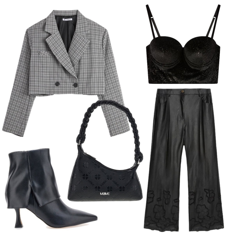 Outfit donna - Serata galante con il top nero. Stile Sexy per Serata fuori. Abbinamento con bralette, blazer, pantaloni, stivaletti, borse a mano.