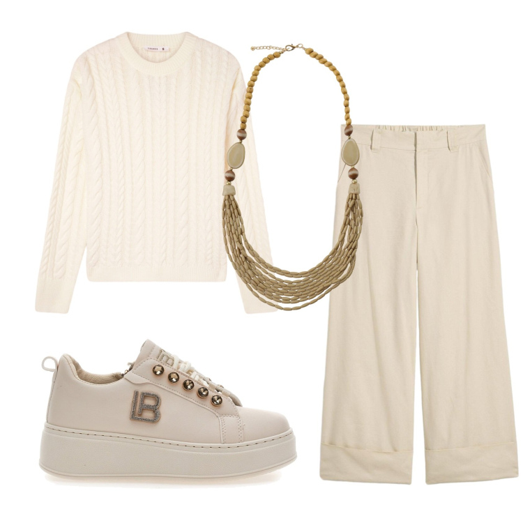 Outfit donna - Total look #2394332. Stile Casual chic per Cerimonia. Abbinamento con pantaloni chino, maglieria, collane, sneakers.