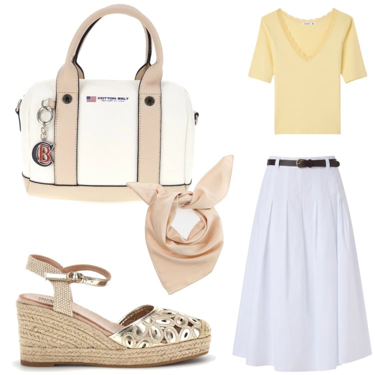 Outfit donna - La gonna ampia Terranova. Stile Mannish per Tutti i giorni. Abbinamento con gonne longuette, t-shirt, foulard, zeppe, borse a mano.