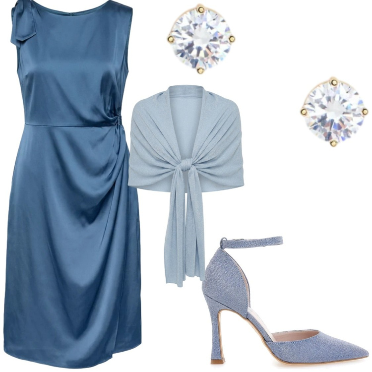 Outfit donna - Blu Polvere#cerimonia. Stile Bon Ton per Cerimonia. Abbinamento con stole, vestiti, orecchini, décolleté.