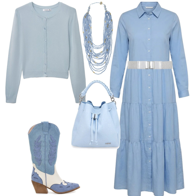 Outfit donna - Boho chic ogni giorno. Stile Boho per Tutti i giorni. Abbinamento con cardigans, cinture, vestiti chemisier, collane, borse a secchiello, stivaletti texani.