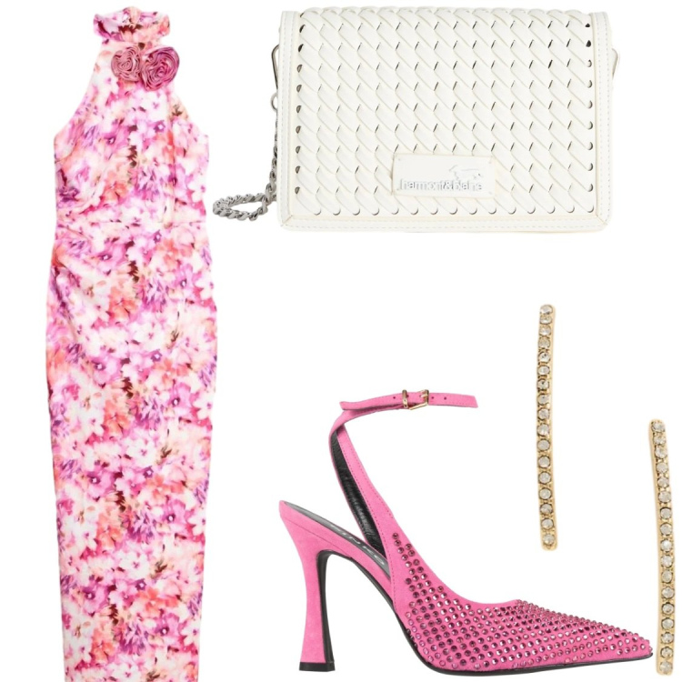 Outfit donna - #party. Stile Glamour per Serata fuori. Abbinamento con décolleté, vestiti lunghi, borse a tracolla, orecchini.