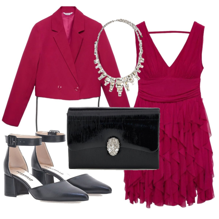 Outfit donna - Diciottesimo. Stile Chic per Serata fuori. Abbinamento con blazer, vestiti, collane, décolleté, pochette.