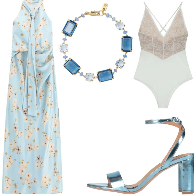 Outfit donna - #eventi. Stile Glamour per Cerimonia. Abbinamento con sandali in pelle, vestiti lunghi, body, braccialetti.