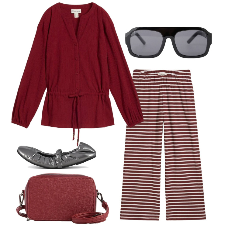 Outfit donna - Total red. Stile Bon Ton per Tutti i giorni. Abbinamento con bluse, pantaloni, borse a tracolla, occhiali da sole, ballerine.