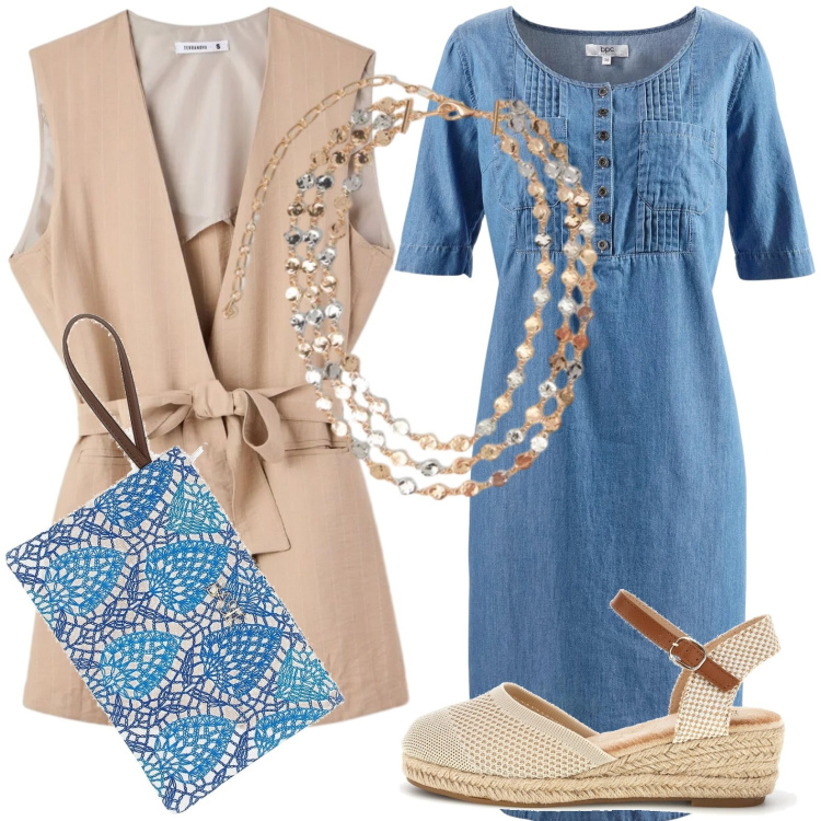 Outfit donna - Colazione al b&b. Stile Casual chic per Tutti i giorni. Abbinamento con vestiti midi/longuette, gilet, collane, pochette, zeppe.