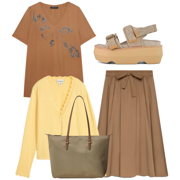 Outfit donna - Zucchero grezzo. Stile Bon Ton per Tutti i giorni. Abbinamento con cardigans, t-shirt, gonne lunghe, borse tote, sandali col tacco.